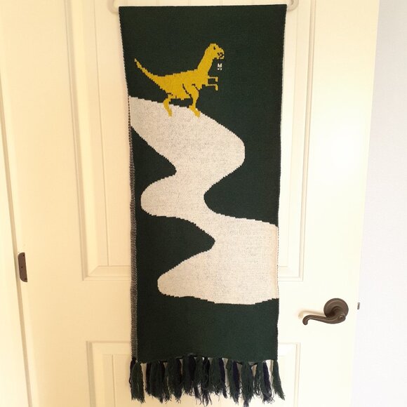 Urban Outfitters Dinosaur Scene Knit Scarf with Fringe Green Blue - Picture 2 of 9